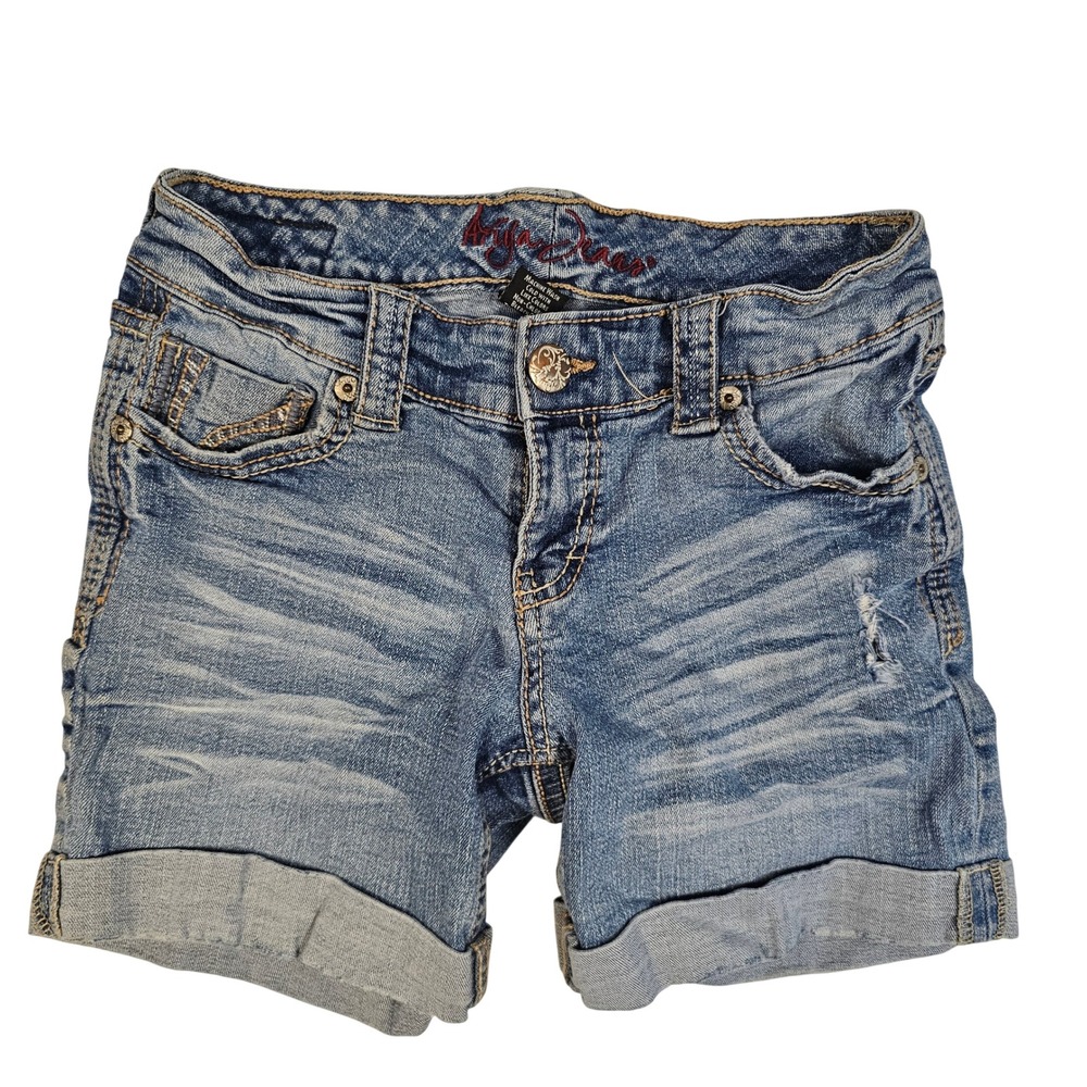 Ariya Jeans Womens Blue Denim Cuffed Shorts Medium Wash Distressed Size 3/4